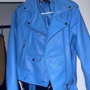 Zara Blue Leather Biker Jacket with Silver Hardware